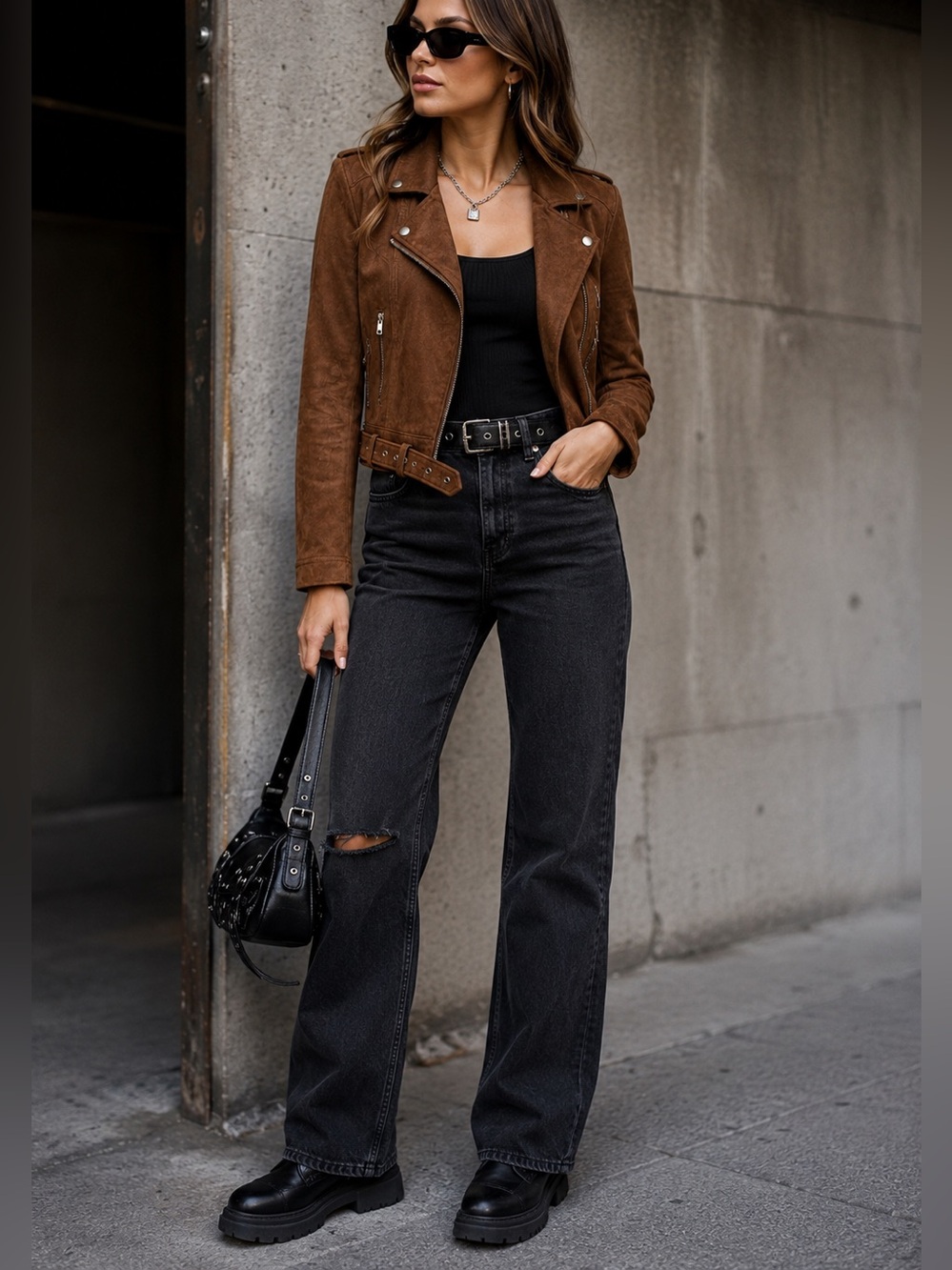 ASTR The Label XS Brown Faux Suede Moto Biker Jacket Belted Western Boho